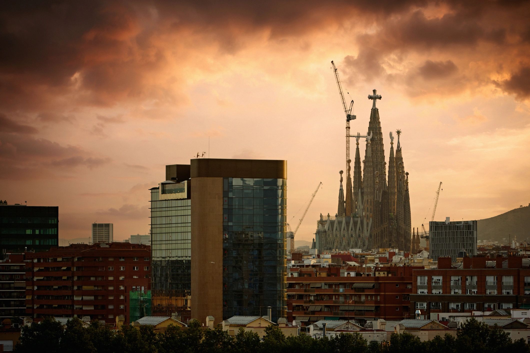 Barcelona skyline at sunset